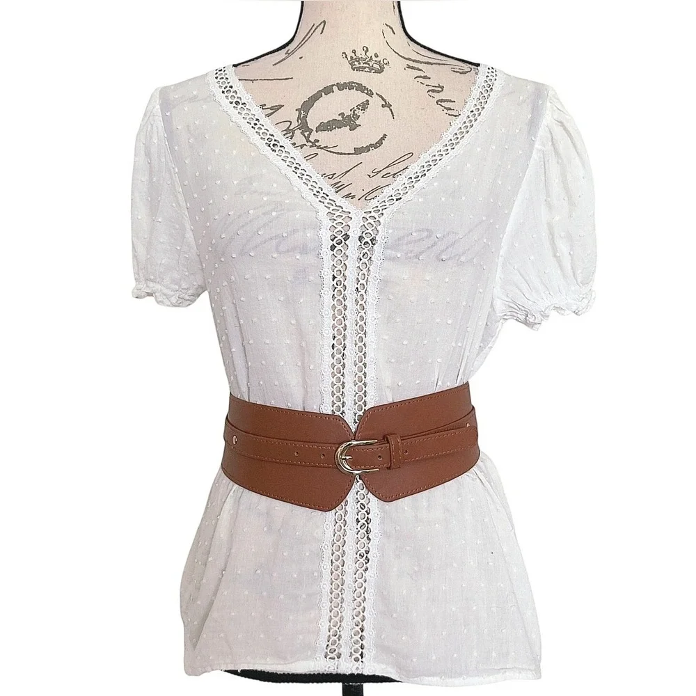 Corset Faux Leather Brown Wide Waist Belt Western Thick Stretch Gold Buckle